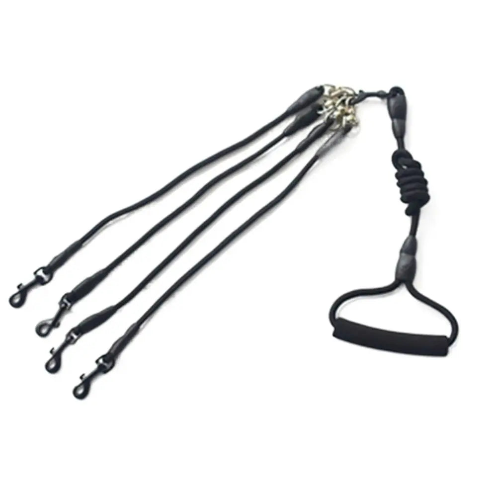 Black 2-way dual dog leash coupler with a handle and multiple straps for walking two dogs