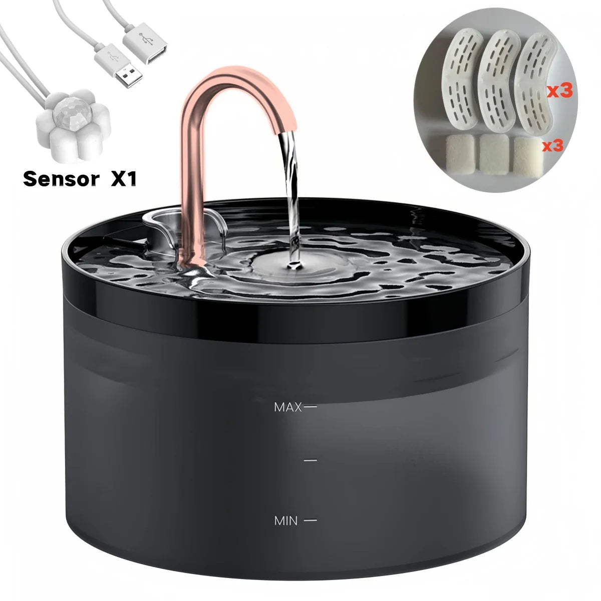A black automatic pet water fountain with a copper-colored spout and sensor components shown nearby.