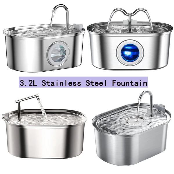 Three stainless steel pet water fountains are shown, including a fountain with a visible blue light.