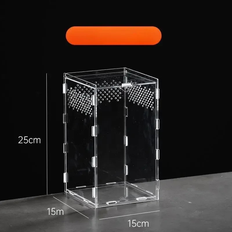 A clear acrylic reptile terrarium box with a bright orange top, shown on a dark surface.