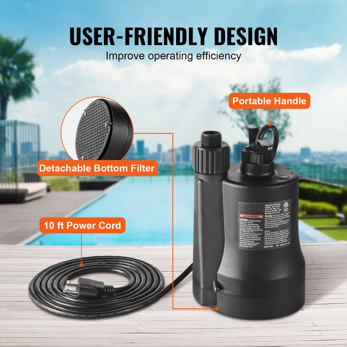 Submersible Utility Pump – 1/3 HP, 2450 GPH for Fast Water Removal