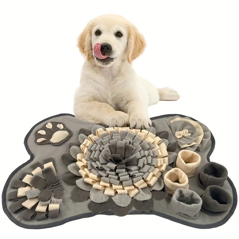 Ein golden retriever Welpe liegt auf einer interaktiven Hundeschnüffelmatte mit verschiedenen Textur-Futter- und Suchwerkzeug