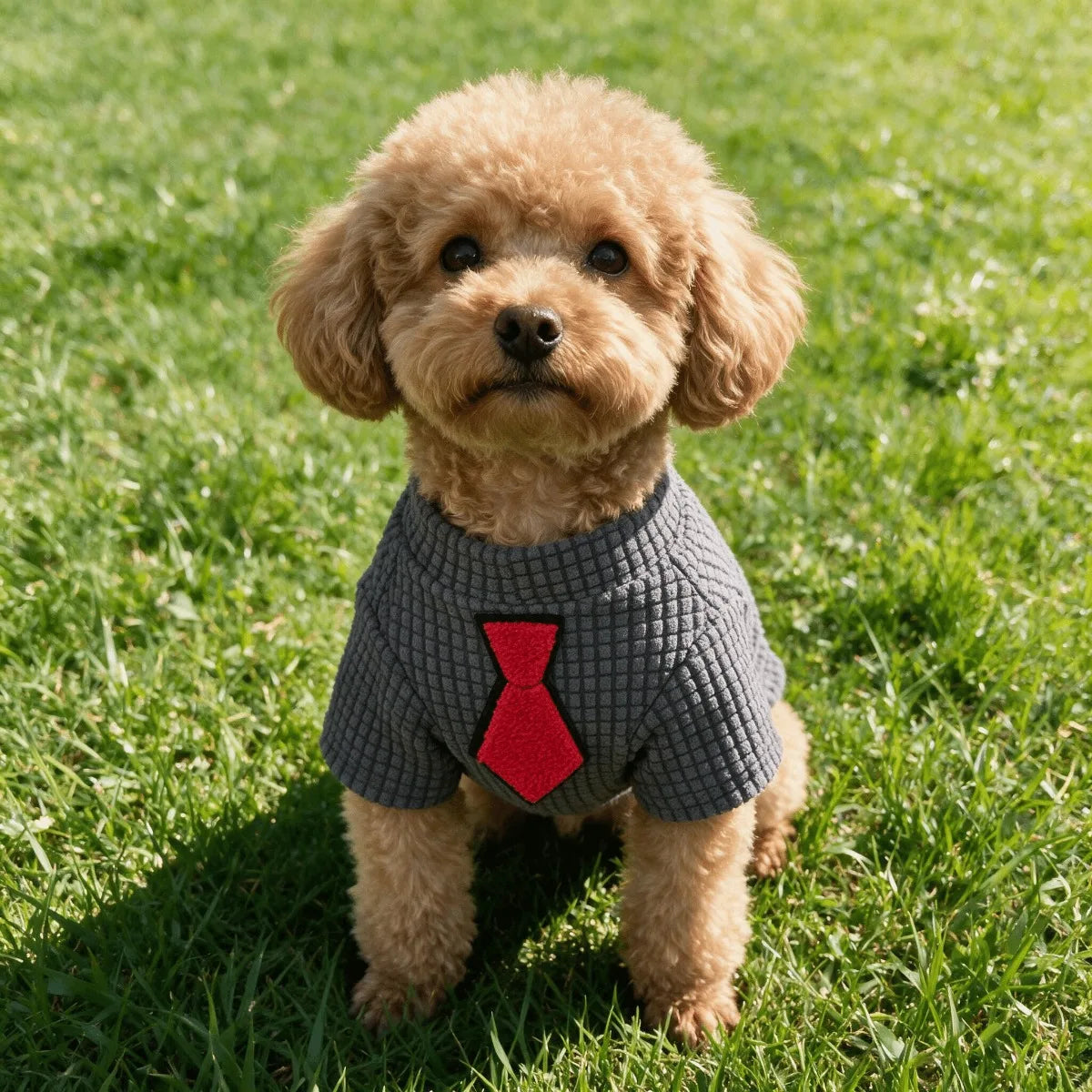 A light brown poodle wearing a gray waffle knit shirt with a red tie, sitting on green grass.