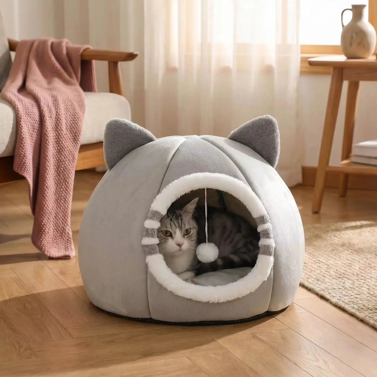 A gray plush tent house shaped like a cat cave with large ears, featuring an arched entrance for a small pet.