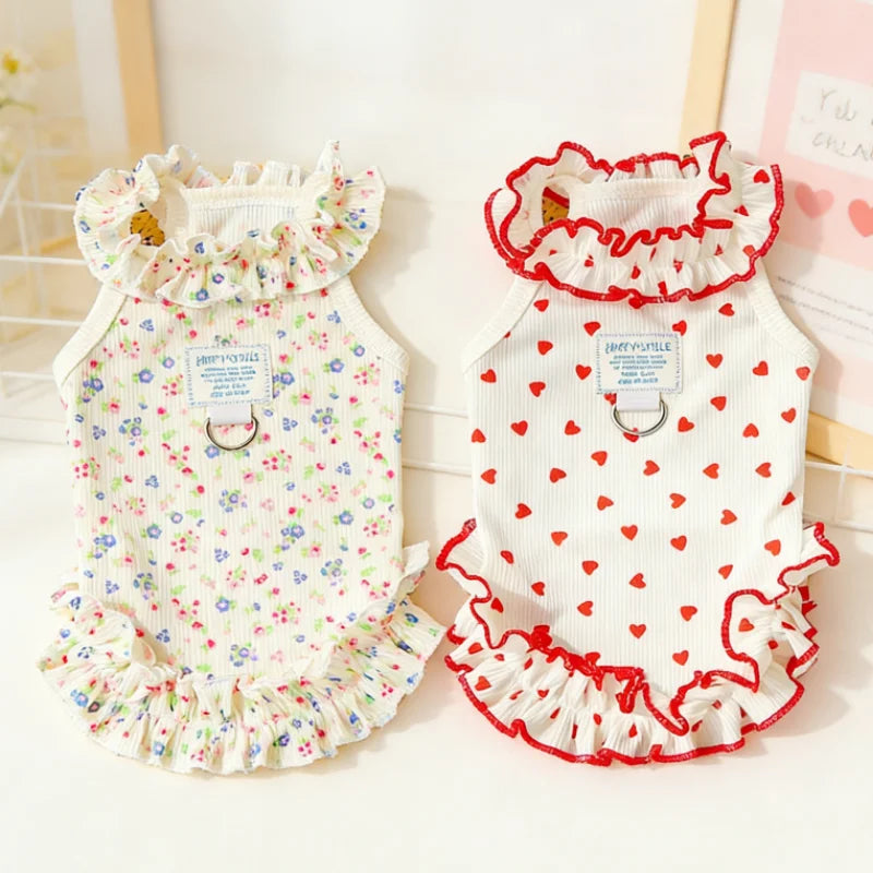 Floral Princess Pet Dress with Heart Print