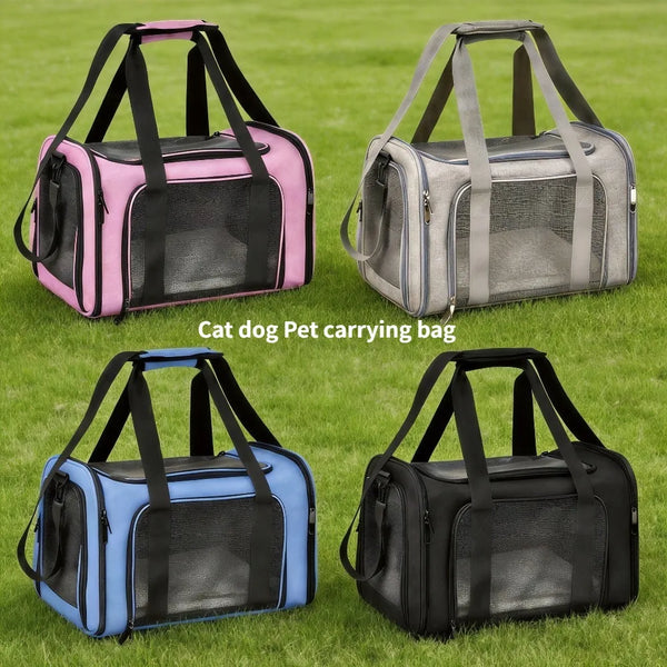 Four breathable pet carrying bags in pink, gray, blue, and black fabric displayed on green grass.