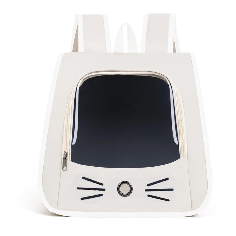 A white breathable pet carrier backpack designed for cats and small dogs.