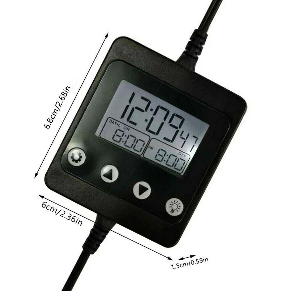 A black digital timer and dimmer controller with a cable, showing the time 12:09:47.