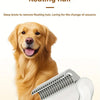 A golden retriever dog is shown next to a white pet grooming brush for detangling hair.