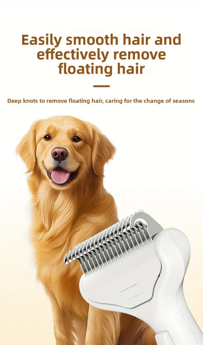 A golden retriever dog is shown next to a white pet grooming brush for detangling hair.