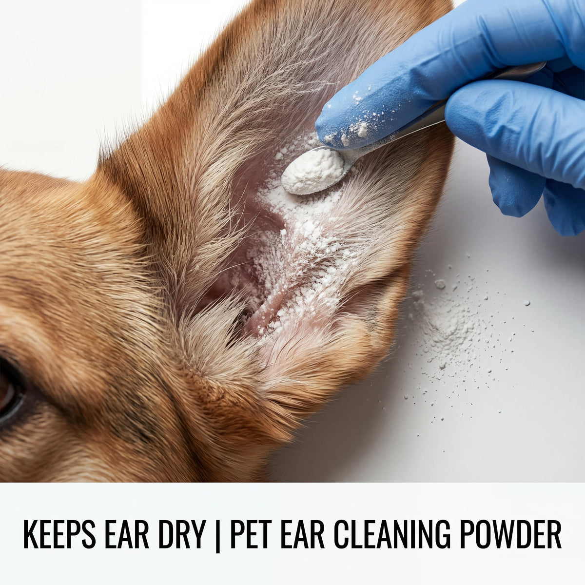 A blue gloved hand applies pet ear cleaning powder to a dog's ear.