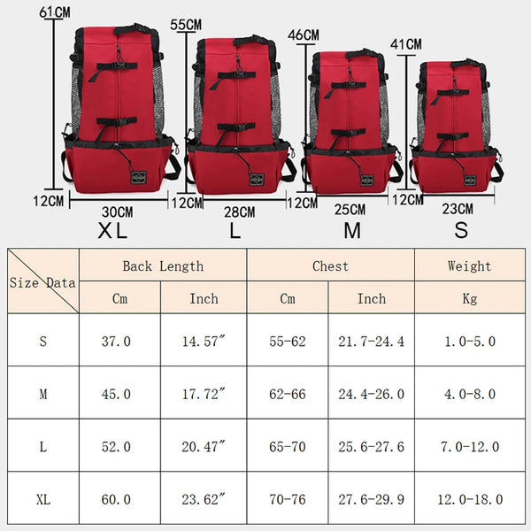 A set of red breathable dog backpack carriers in various sizes S to XL, shown with dimension charts.