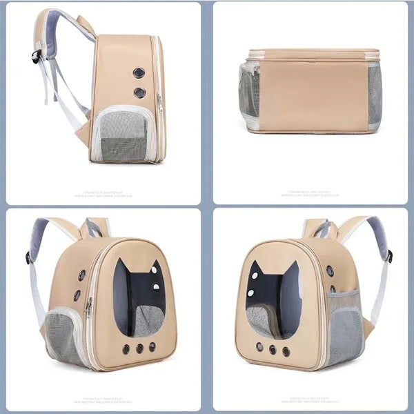 A beige portable pet travel backpack shown in multiple views.