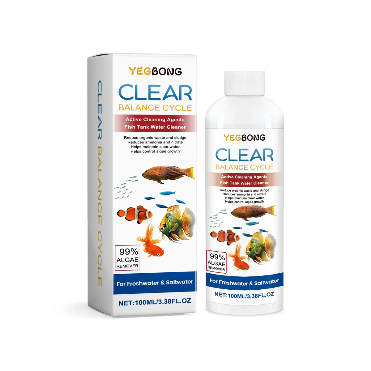 Verpackung und Flasche des YEGBONG CLEAR Balance Cycle Wasserreinigers für Fischbecken