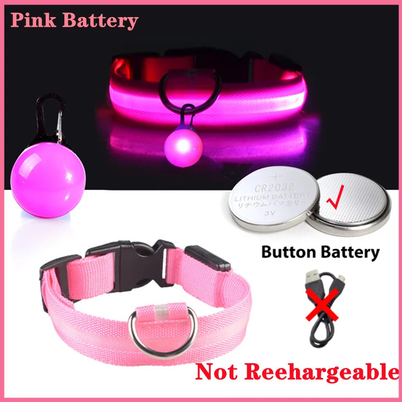 Pink battery LED dog collar with safety pendant and button battery