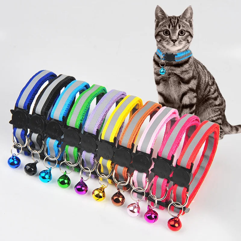 A variety of colorful reflective nylon pet collars with bells are displayed next to a tabby cat.