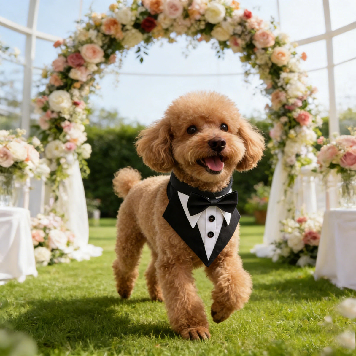 A fluffy golden dog wearing a black tuxedo bandana with a bow tie, standing in a garden archway.