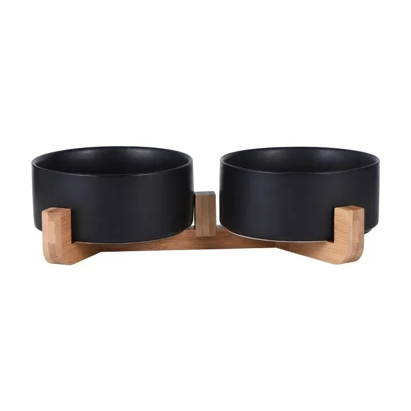 Elevated Ceramic Pet Bowl with Wooden Stand