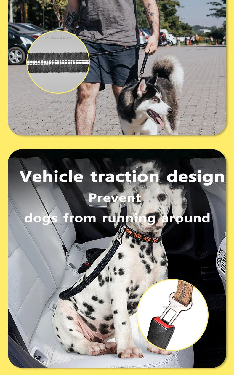 Reflective Bungee Dog Leash with Car Seatbelt Attachment for Large Dogs