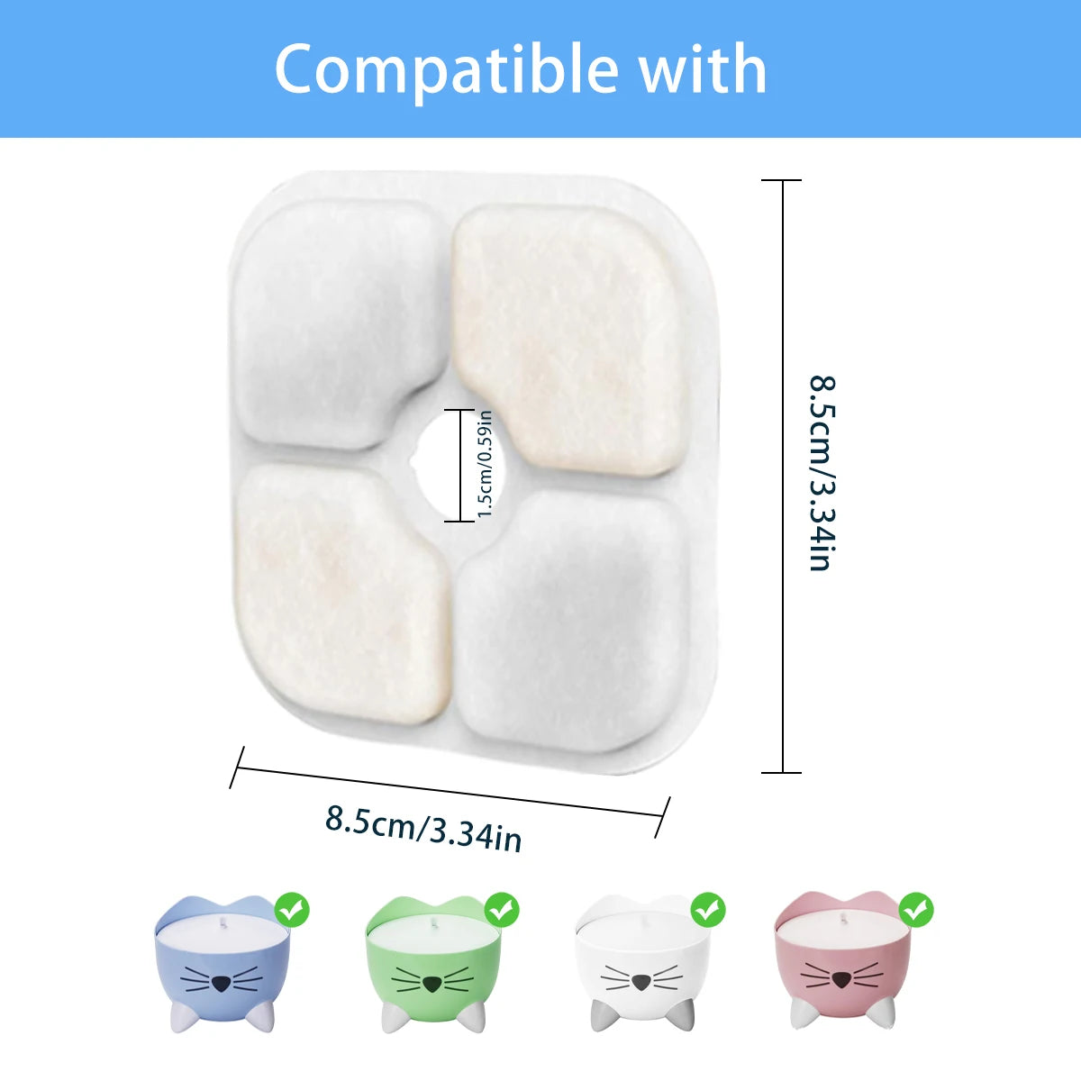 Replacement filters for a cat water fountain showing various colored and shaped filters.