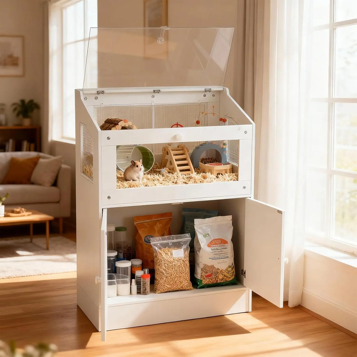 Weißes Acryl-Tierhabitat mit klappbarem Deckel und Stauraum, gefüllt mit Schlafmaterial und Zubehör.