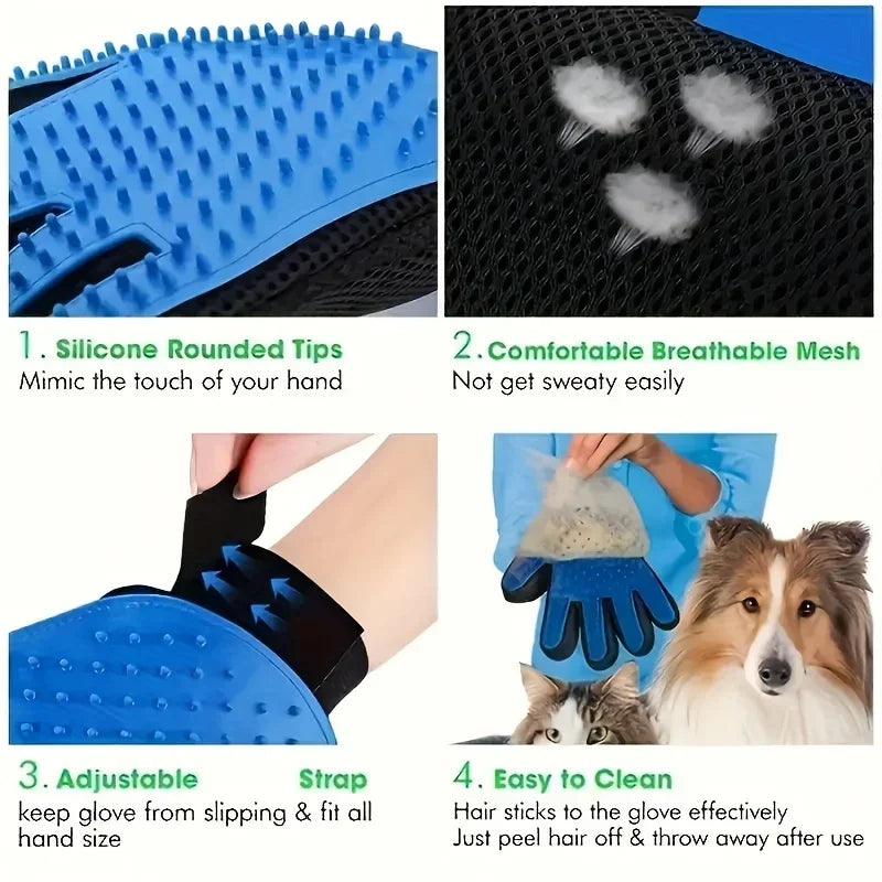 A set of blue pet grooming gloves with silicone rounded tips and breathable mesh for gentle deshedding.