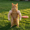 Flauschiger orange Kater in einem 3D-gedruckten Muskelkostüm für Haustiere auf grünem Rasen.