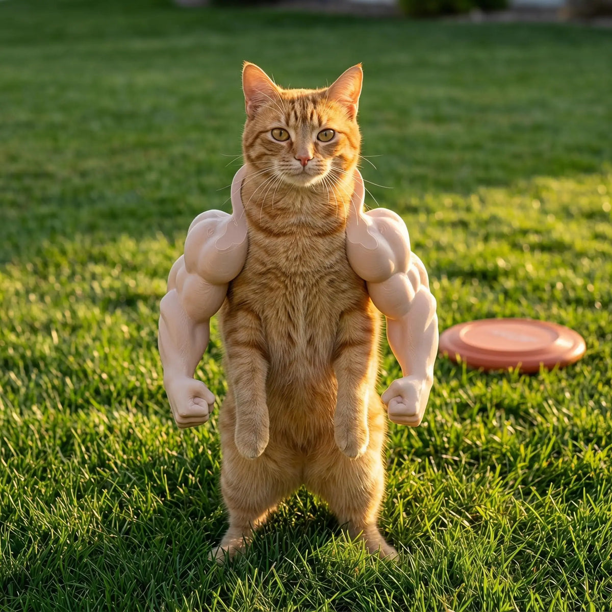 Flauschiger orange Kater in einem 3D-gedruckten Muskelkostüm für Haustiere auf grünem Rasen.