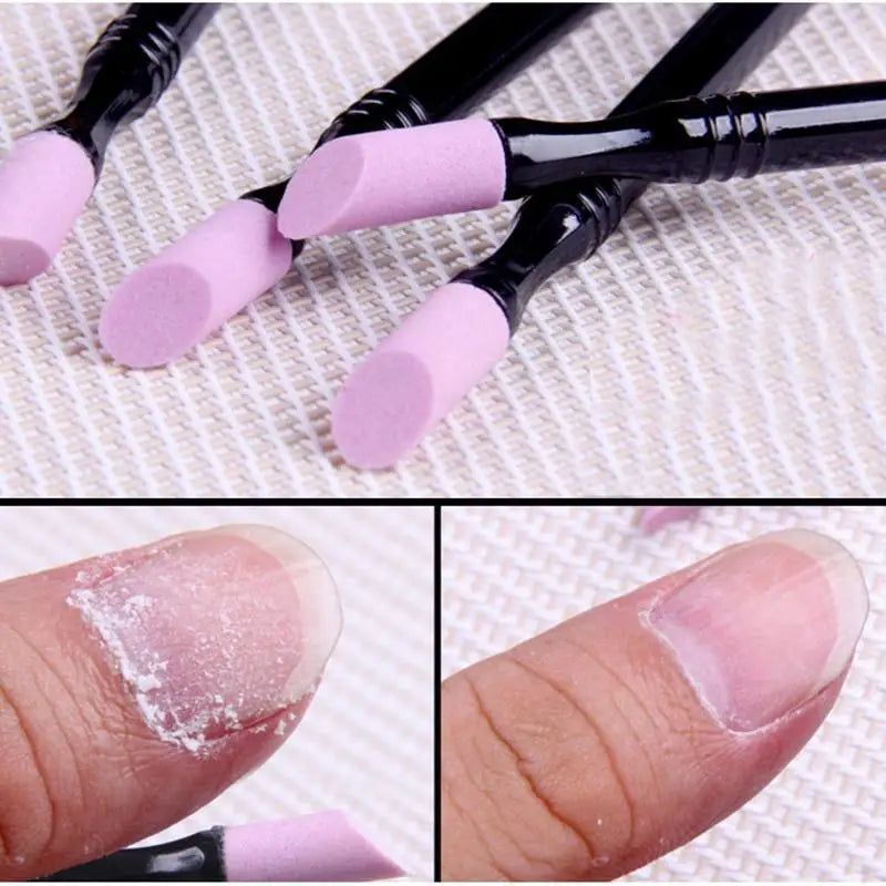A set of pink nail files, cuticle pushers, and buffers shown next to a hand applying the product.
