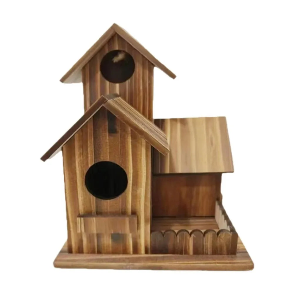 A rustic wooden bird house with a peaked roof and entrance hole, made of natural wood.