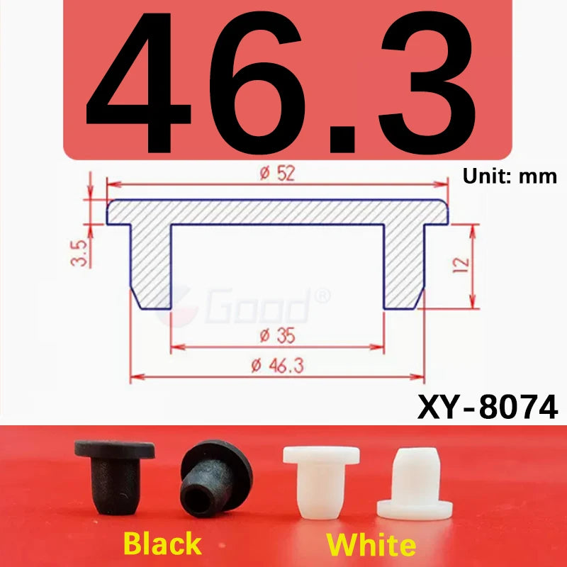 Black and white silicone rubber hole plugs shown with dimensions and unit measurement