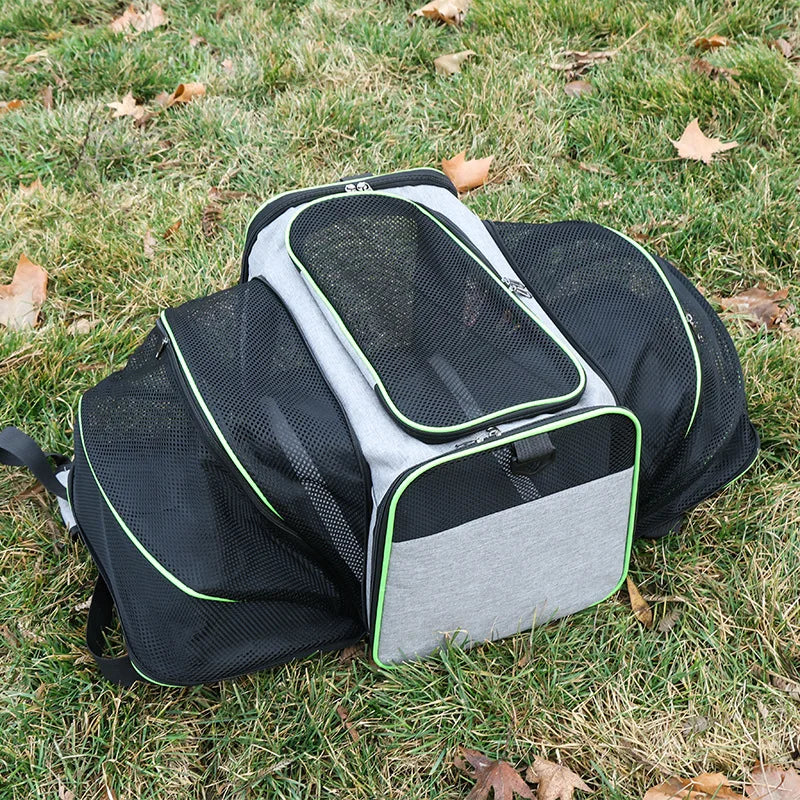 A black and gray foldable soft-sided pet carrier resting on green grass.