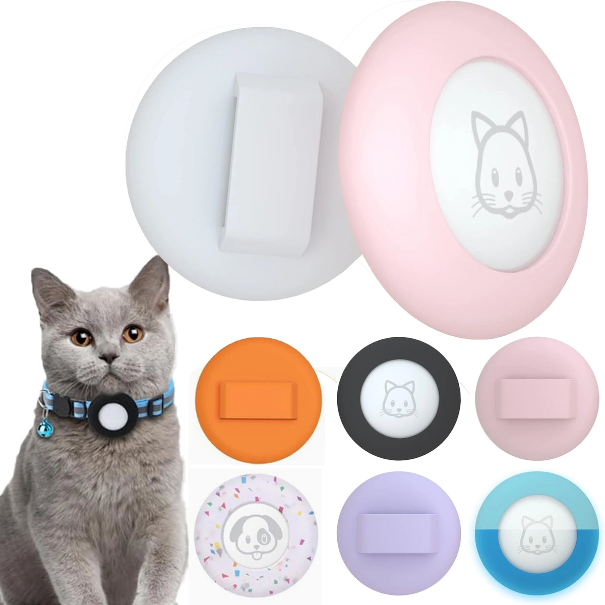 A collection of silicone airtag collar holders in various colors and shapes for cats and small dogs.