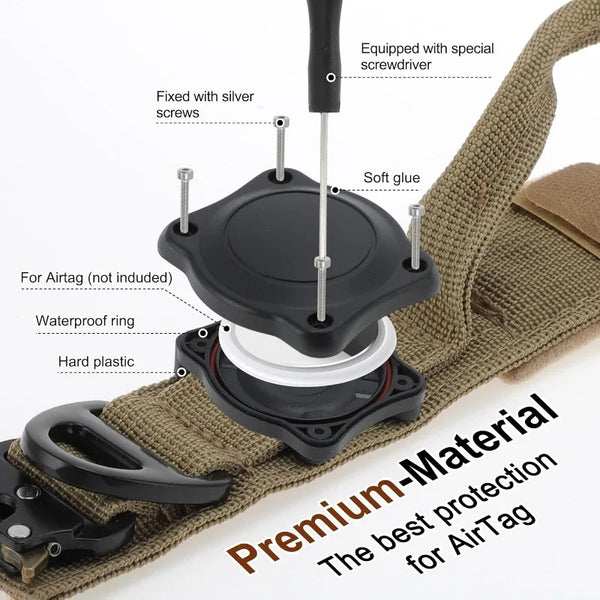 A waterproof tactical dog collar with a control handle and an AirTag holder is shown attached to a tan strap.