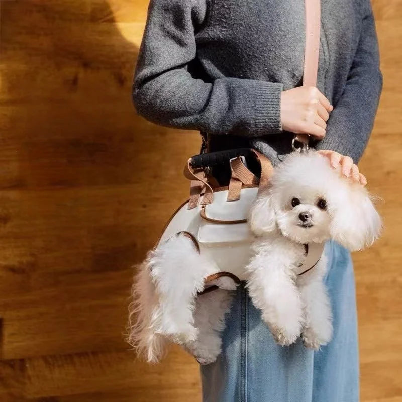 A person is holding a white fluffy dog in a beige breathable sling carrier while standing indoors.