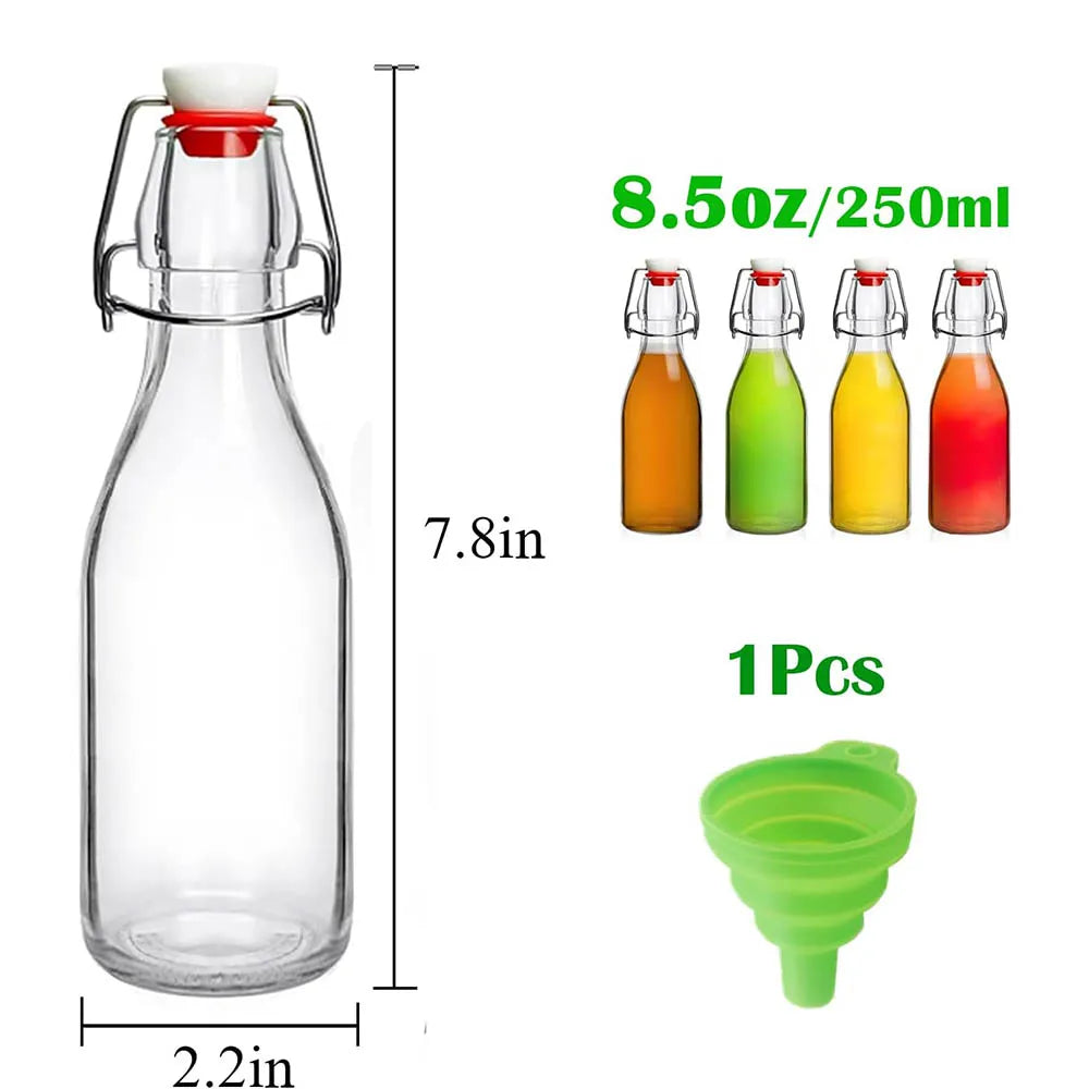 Un set de huit bouteilles à couvercle en verre de 8,5 oz dans diverses couleurs, dont orange, vert, jaune et rouge.