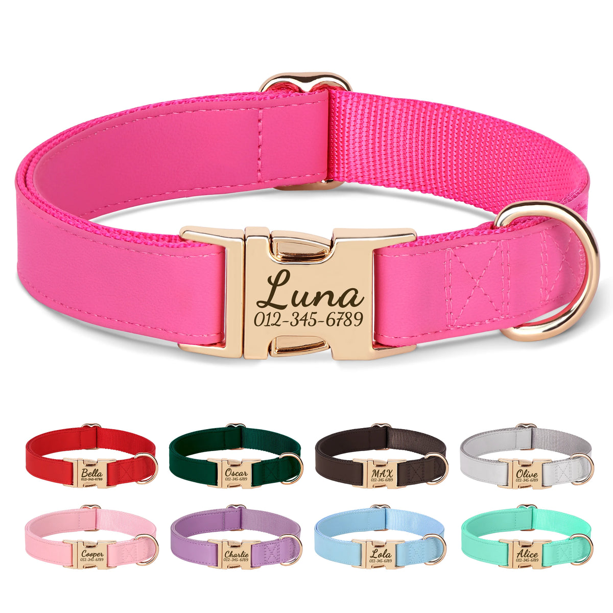 Pink leather dog collar with a gold buckle and engraved nameplate featuring various names.