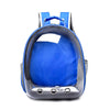 A blue and gray portable transparent pet backpack for dogs and cats.