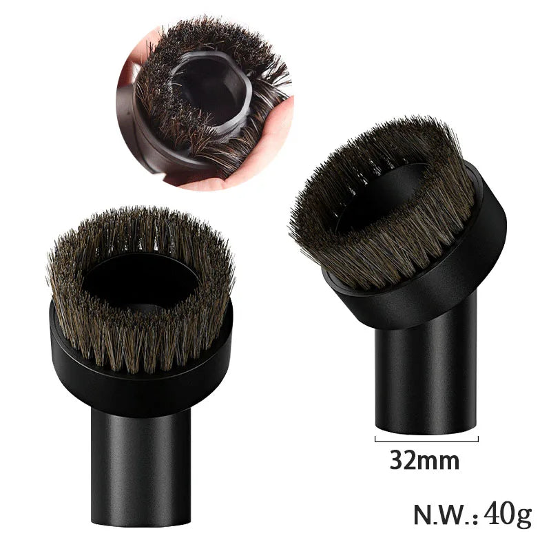 A set of black vacuum cleaner crevice nozzles and brushes with a 32mm adapter, showing various brush types.