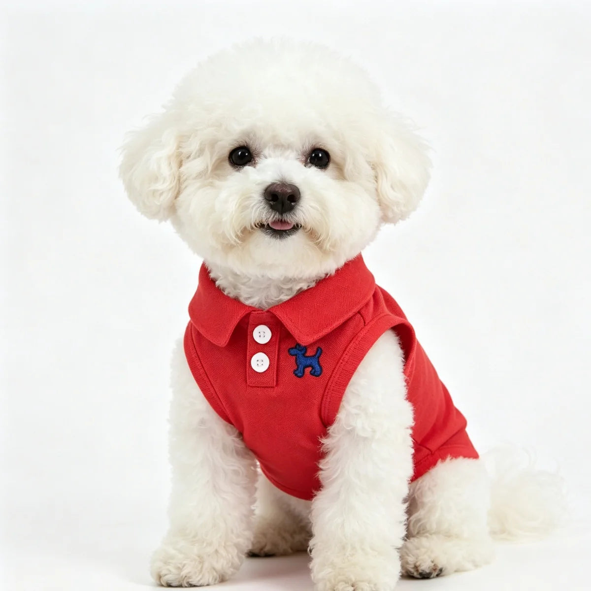 A white poodle wearing a red polo shirt sitting for a product photo.