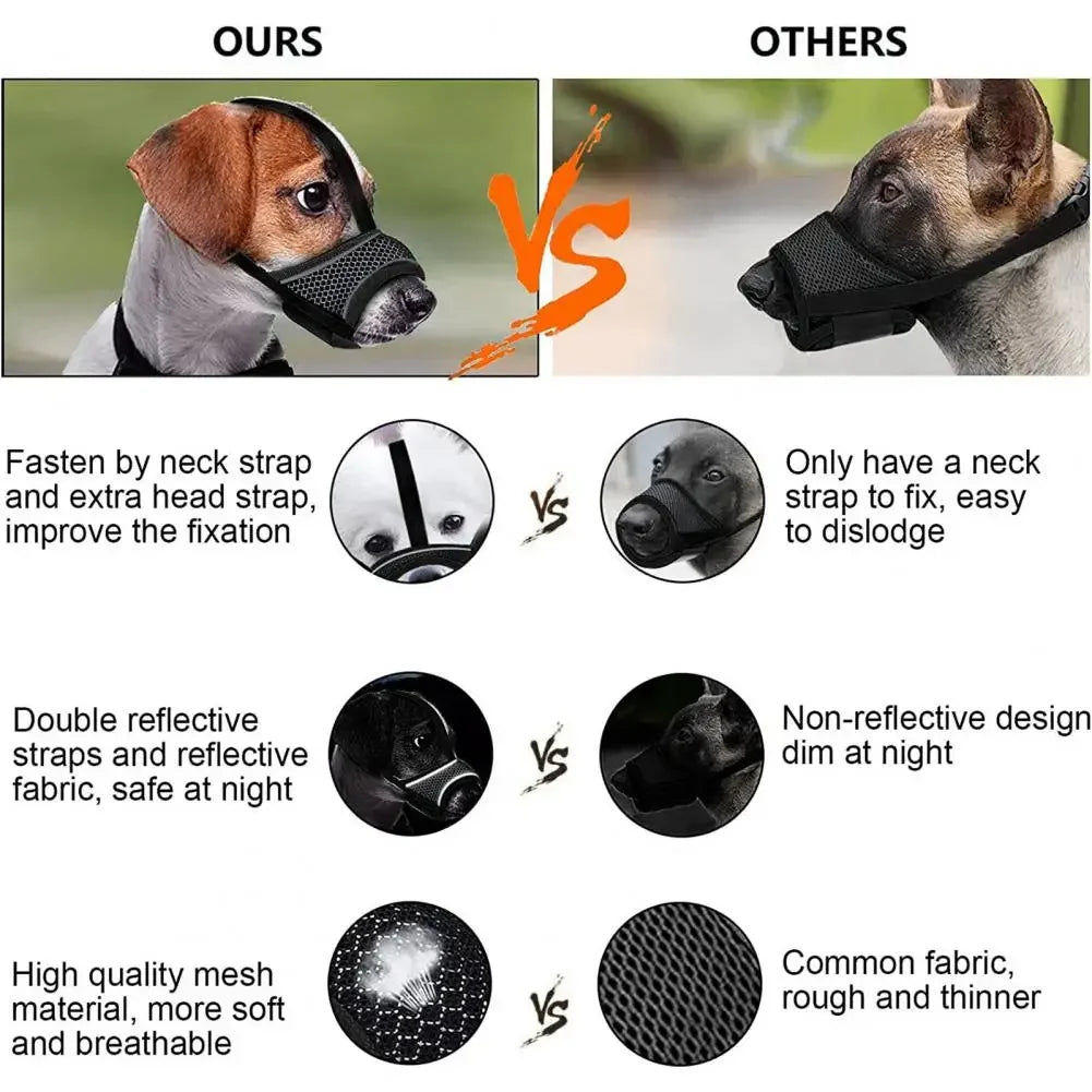 Comparison chart showing features of a breathable adjustable dog muzzle for safe walks and grooming.