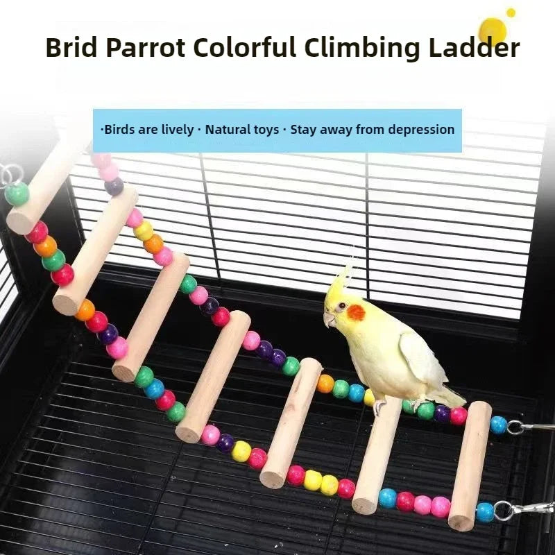 A natural wood parrot climbing ladder with colorful balls is shown inside a cage.