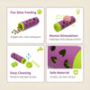 A set of purple slow feeding tubes for pets, highlighting fun feeding, mental stimulation, easy cleaning, and safe material.