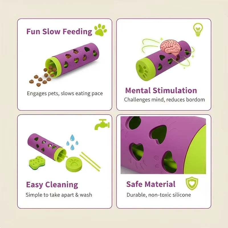 A set of purple slow feeding tubes for pets, highlighting fun feeding, mental stimulation, easy cleaning, and safe material.