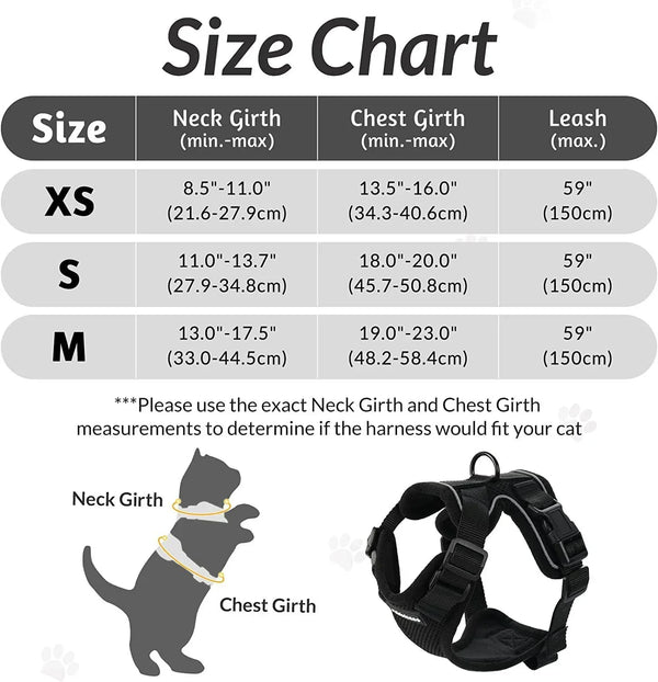 Size chart for an adjustable cat harness and leash showing measurements for XS, S, and M sizes.