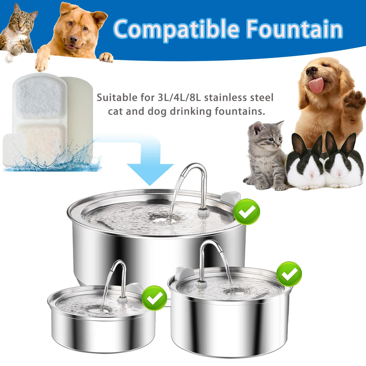 A multi-pack of stainless steel pet water fountain with replacement filters shown next to cats and dogs.
