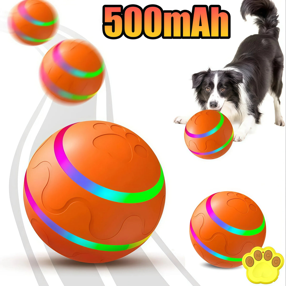 Orange pet ball with green LED lights and a black and white dog playing with it.
