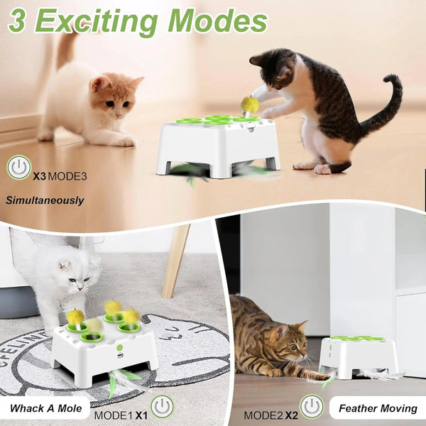 Three exciting modes of an automatic pop-up rechargeable feather toy for cats and dogs shown with kittens.
