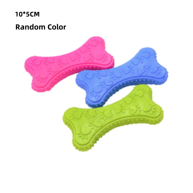 A set of three colorful durable TPR dog chew toys shaped like bones, including a pink, blue, and green bone.