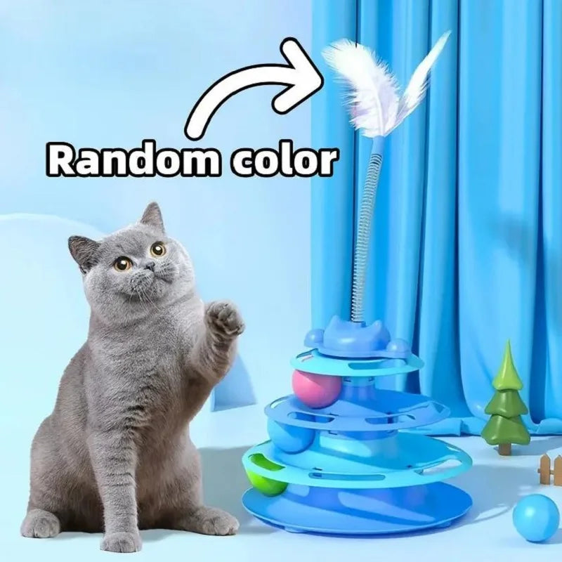 Interactive Cat Toy Tower with Turntable, Track, and Feather Balls